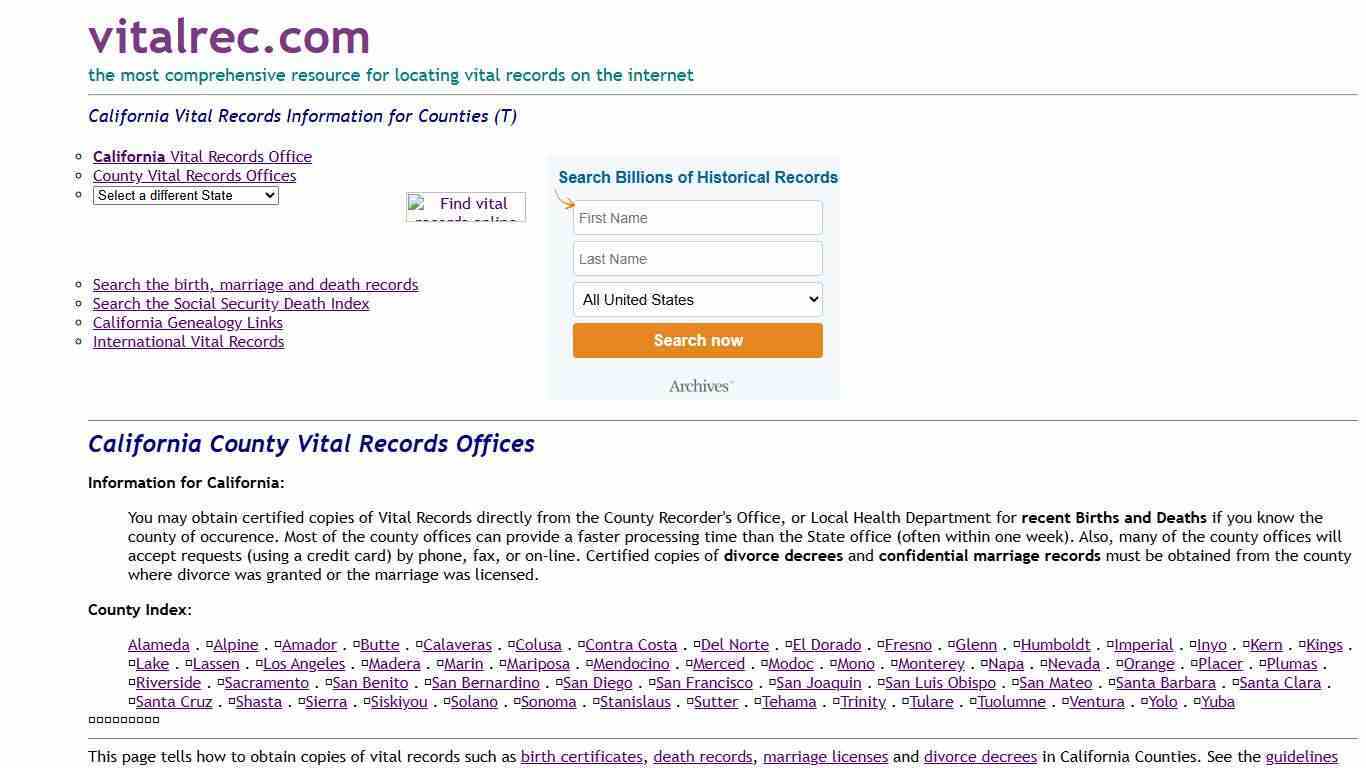 California Counties Birth Certificate, Death Record, Marriage License and More (T)